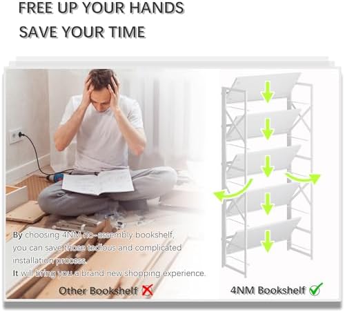4NM 5 Tiers No Assembly Book Shelves, 51.2" H Folding Bookshelf Bookcase...