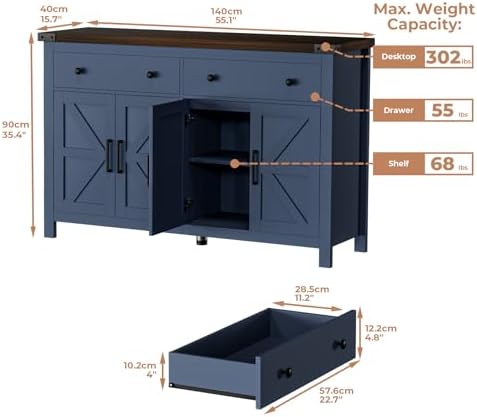 VVFLU 55'' Buffet Cabinet with Storage, Farmhouse Kitchen Storage Cab...