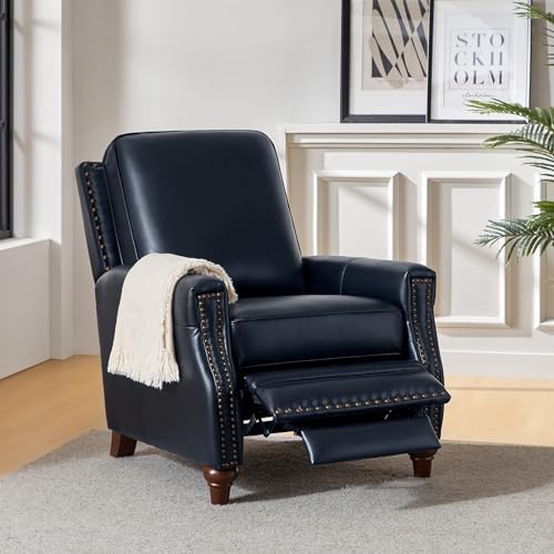 HULALA HOME Genuine Leather Manual Recliners Set of 2 with Wood Legs, Navy | ...