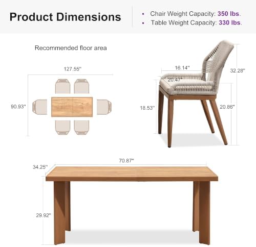PURPLE LEAF 7 Pieces Patio Dining Set with Cushion and Backrest, Deep Teak