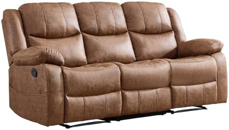 EBELLO Faux Leather Manual Reclining Sofa, Mid-Century Modern Overstuffed Arm...