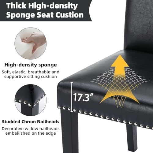 Dining Room Chairs Set of 6, Upholstered PU Leather, Rubber Wood, Black