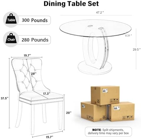 RGZ Modern 47" Clear Glass Round Dining Table Set, 5 PCS Luxury Circle G...