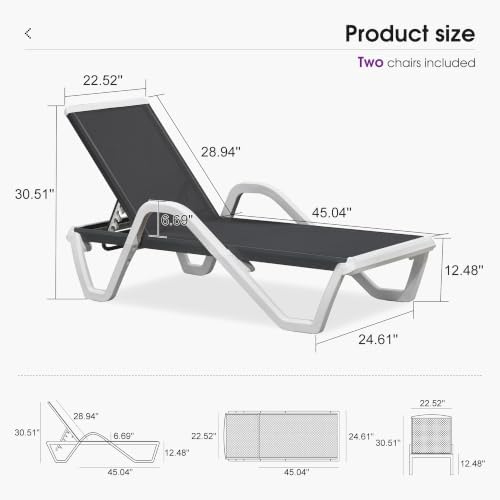 PURPLE LEAF Lounge Chair Outdoor Set of 2 w/Armrest for Poolside Dark Grey | ...