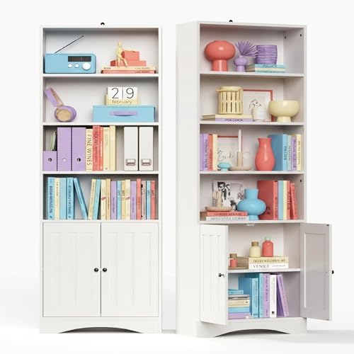 Gizoon 6-Shelf Bookcase, White Bookcases with Doors