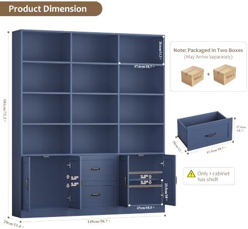 HOSTACK 71" Tall Triple Wide Bookshelf with Storage Drawers & Doors,...