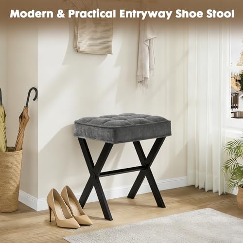Makeup Chair, Modern Luxury Vanity Stool with Linen Plush Seat | Compact X Ba...