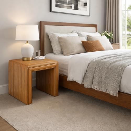 HomePop 19" Modern Channel Tufted Ottoman - Carmel Brown Faux Leather