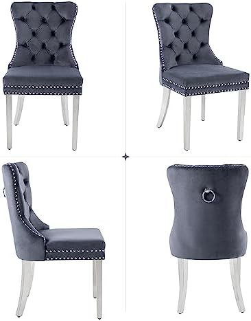Velvet Dining Room Chairs Set of 2, Button Tufted, Silver Legs, Dark Gray