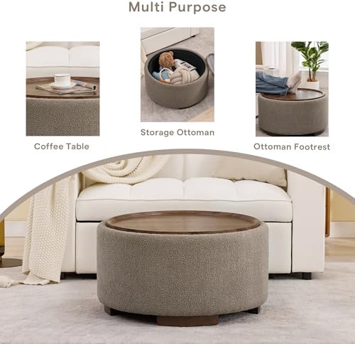 29.5 Inch Round Storage Ottoman Coffee Table, Brown Teddy | Modern Circle Cof...