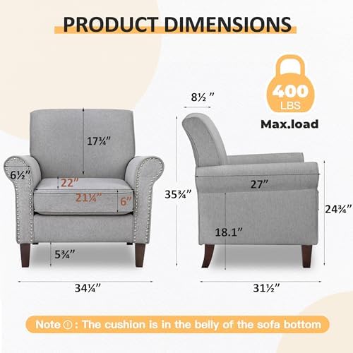 PrimeZone Comfy Accent Chair, Mid-Century Modern Living Room Chair, Grey