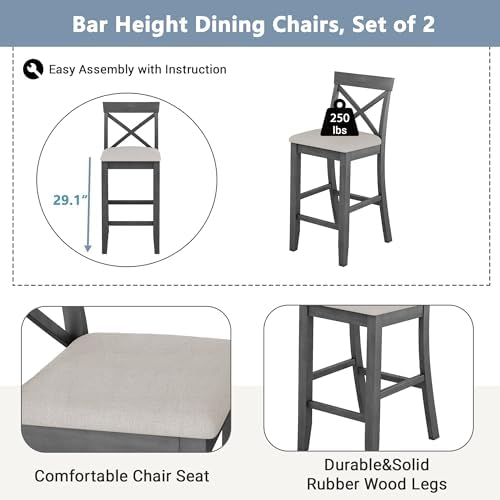 LUMISOL 3 Piece Pub Table and Chair Set, Small Bar Height Kitchen Table and C...