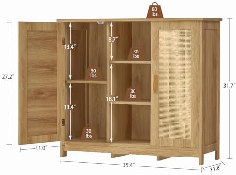 Iwell Rattan Storage Cabinet with 4 Adjustable Shelves, Coffee Bar Cabinet, S...