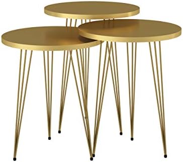 Set of 3 High Gloss Gold Nesting End Tables Round Wood Stacking Coffee Side A...