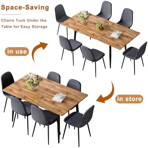 59"-75" Extendable Dining Table Set for 6, Mid Century Dining Room Table Set for 6, Modern Wood Kitchen Table Upholstered Chairs Set of 6, Ideal for Dining Room,Office, Space-Saving, Easy to Assemble