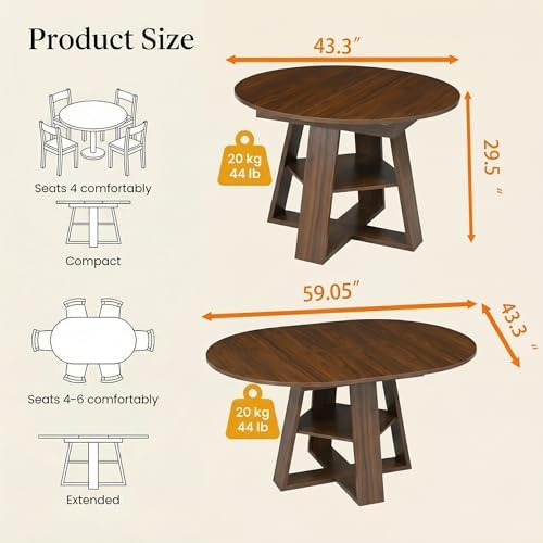 7 Piece Oval Extendable Dining Table Set for 6, 43"-59" Walnut Wood...