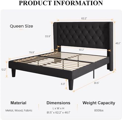 SHA CERLIN Queen Upholstered Bed Frame, Button Tufted Design, Black