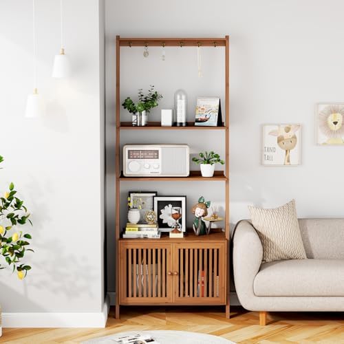 Bookcase with Drawers, Ladder Shelf 4-Tier Bamboo Bookshelf with 6 Hooks