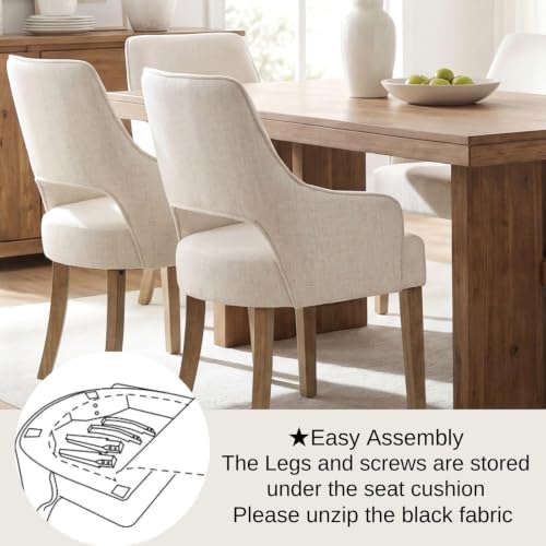 Linen Upholstered Dining Chairs Set of 4 with Arms
