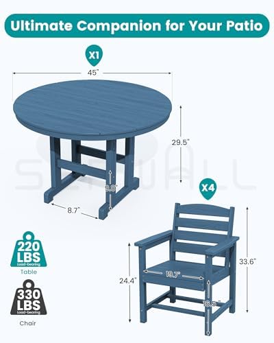 SERWALL 5-Piece Patio Round Dining Set, 45" Table, 4 Chairs, Navy