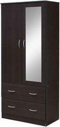 Pemberly Row 2 Door Armoire, 71.7 in H x 31.5 in W, Compressed Wood, Chocolate Finish, Garment Rod, Long Mirror, 2 Drawers with Metal Glides, Bedroom Wardrobe Closet Storage Organizer