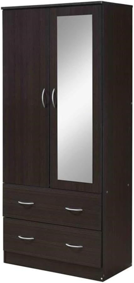 Pemberly Row 2 Door Armoire, 71.7 in H x 31.5 in W, Compressed Wood, Chocolate Finish, Garment Rod, Long Mirror, 2 Drawers with Metal Glides, Bedroom Wardrobe Closet Storage Organizer