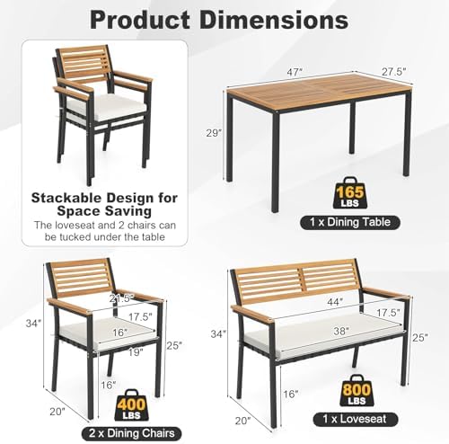 Tangkula 4 Piece Acacia Wood Outdoor Dining Set with 2 Stackable Armchairs