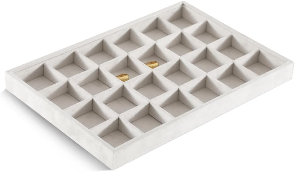 Velvet Stackable Jewelry Display Tray, 24 Grid Earring Ring Storage Tray, Drawer Divider Jewelry Accessories Organizer Plate (White)