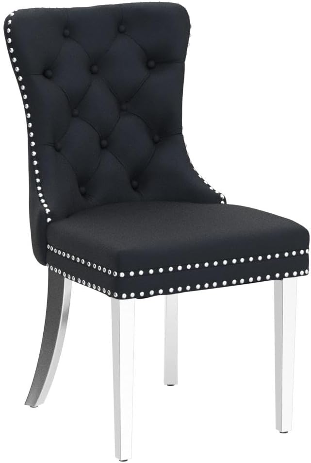 KCC Velvet Dining Chairs Set of 2, Upholstered High-end Tufted Dining Room Chair with Nailhead Back Ring Pull Trim Stainless Steel Legs, Contemporary Nikki Collection Modern Style for Kitchen, Black