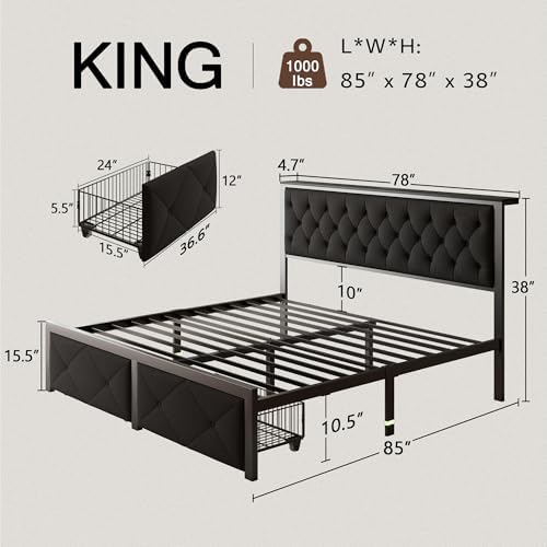 Einhomn King Size Bed Frame with 2 Storage Drawers, Metal Platform Bed with C...