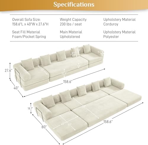 DAMAIFROM Convertible Sleeper Sofa Bed Floor Couch, Light Brown | 158" C...