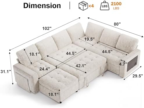 Vipbear 7 Seat L Shaped Modular Sectional Sleeper Sofa Bed with Ottoman/Pull ...