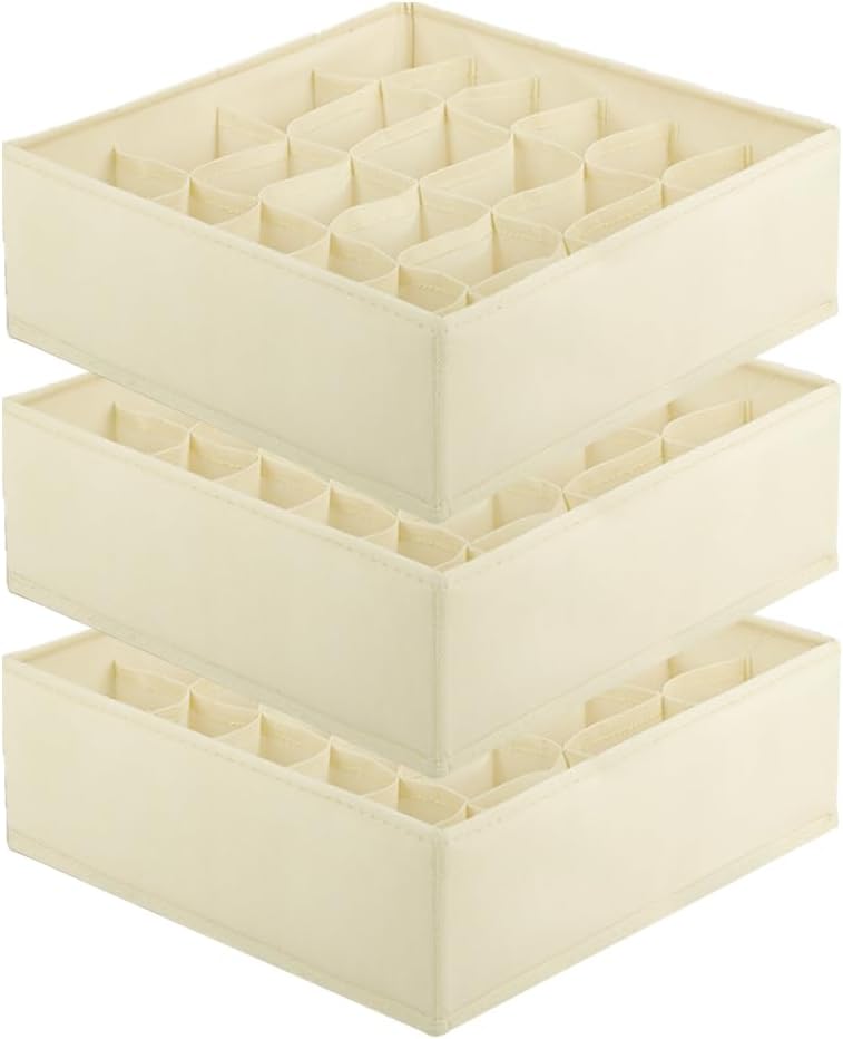 3 Pack Sock Underpants Drawer Organizer Dividers, 24 Cell Fabric Foldable Dresser Organizer for Closet Organizers and Storage Boxes for Organizing Socks, Underwear, Ties, Belts, Beige