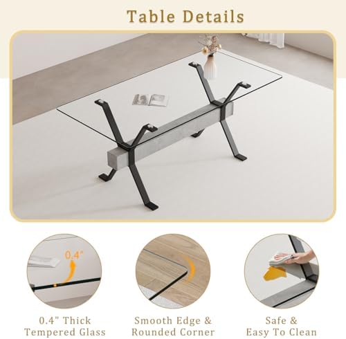 Glass Dining Table 71"｜Modern Dining Table for 6｜0.4" Thick Tempere...