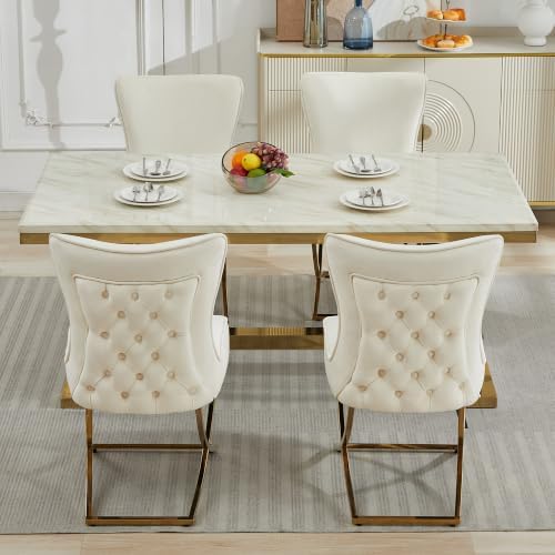 LOULENS Velvet Dining Chairs Set of 2, Tufted Wingback Gold X-Legs, Beige