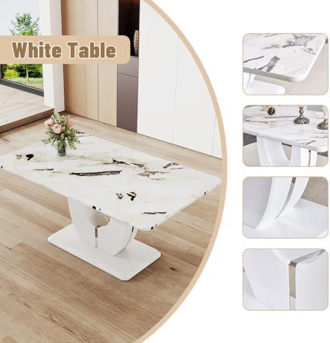 JUFU Modern Dining Set Table and 4 Chairs,White Faux Marble Dining Table Set ...