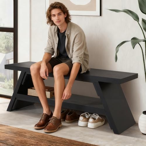2-Tier Shoe Storage Bench, 47" Solid Wood Entryway Stool Storage | Narro...