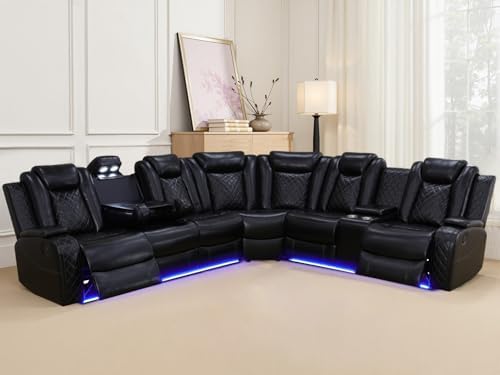 Living Room Furniture Sets, Power Reclining Sofa Set, Black Leather 2 Recliner Sectional with LED Light, Modern Power Recliner Sofa Sets with Cup Holder/Storage Console for Living Room