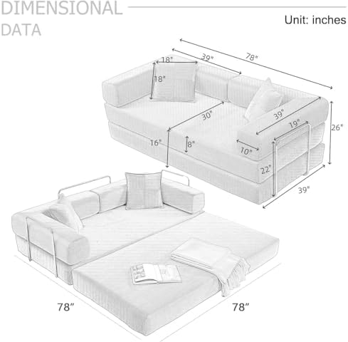4-in-1 Folding Convertible Sofa Bed, 78 Inch Oversized Corduroy Upholstered C...