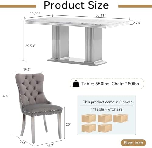HomVent 68'' Silver Faux Marble Dining Table Set with 6 Grey Velvet C...