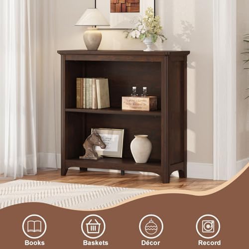 BON AUGURE Wooden Bookshelf, 2-Tier Curved Edge Bookcase, Brown Cherry