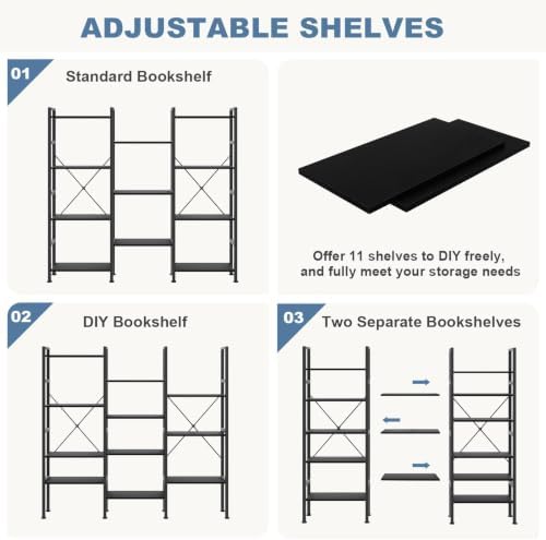 DUMOS Triple Column 4 Tier Bookshelf, Wide Industrial Bookcase, Black