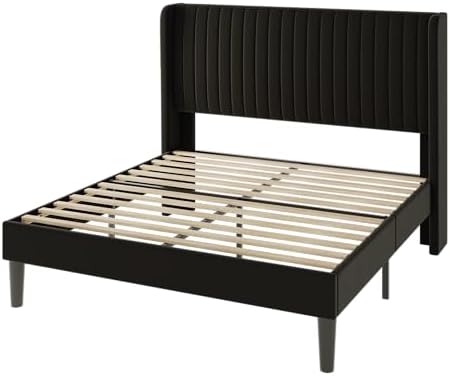 Allewie Full Size Velvet Bed Frame/Vertical Channel Tufted Wingback Headboard...