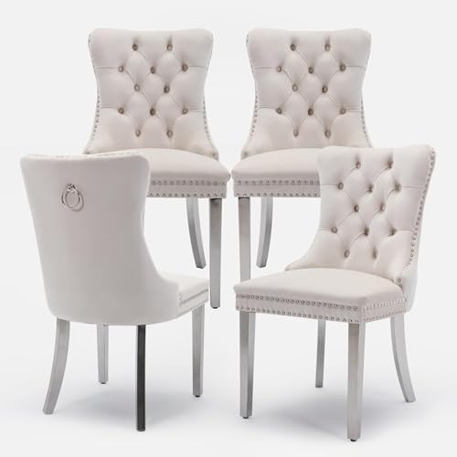 Velvet Upholstered Dining Chairs Set of 4, Modern Style Kitchen Side Chairs w...