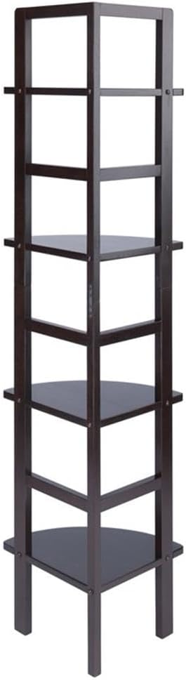 Pemberly Row Corner Solid Wood Baker's Rack, Coffee Finish, 4-Shelf Storage, 63.58" H x 13.86" W x 13.86" D, Space-Saving Transitional Design for Kitchen, Living Room, Dining Room, or Bathroom Use