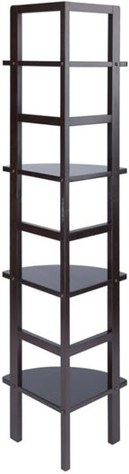Pemberly Row Corner Solid Wood Baker's Rack, Coffee Finish, 4-Shelf Storage, 63.58" H x 13.86" W x 13.86" D, Space-Saving Transitional Design for Kitchen, Living Room, Dining Room, or Bathroom Use