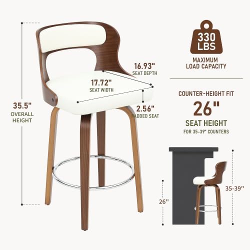 ClinQ 26" Counter Height Barstool Set of 2，Bentwood Leg and Back，White |...