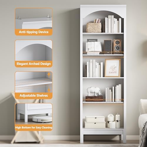 Arched Bookshelf,5 Tier Tall Bookcase with Adjustable Shelves for Storage