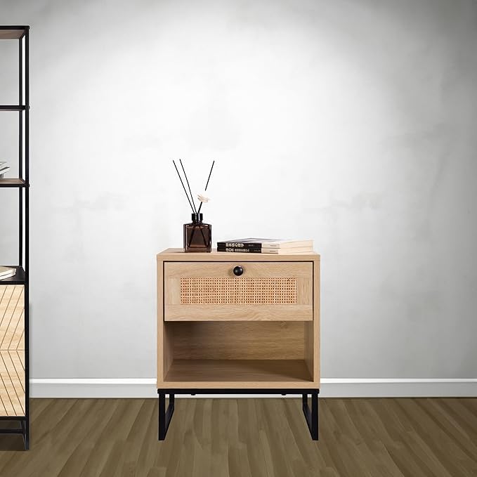 Birch Coastal Modern Side Table with Drawer Natural Wood Top with Black Metal...