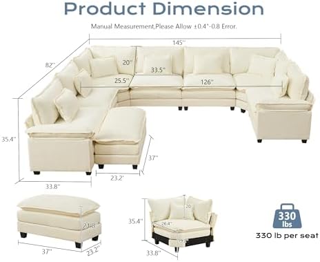 145" Oversized Modular Sectional Sofa U-Shaped Corner Cloud Couch with O...